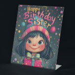 Signe De Table Illustration Whimsical Happy Birthday Sister<br><div class="desc">C'est un design d'anniversaire magnifiquement illustré avec une fille mignonne aux yeux grands avec des cheveux foncés, des joues roses et un sourire éclatant. Elle porte un casquette rayé coloré avec un pompon, assorti à l'arrière - plan animé et festif rempli de bulles flottantes, d'étoiles et de scintillants magiques. La...</div>