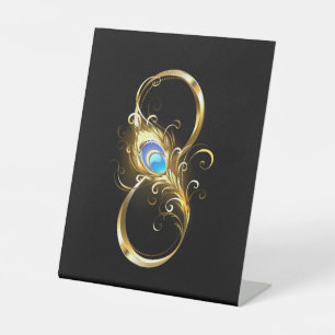 Signe De Table Infinité avec plume de paon doré