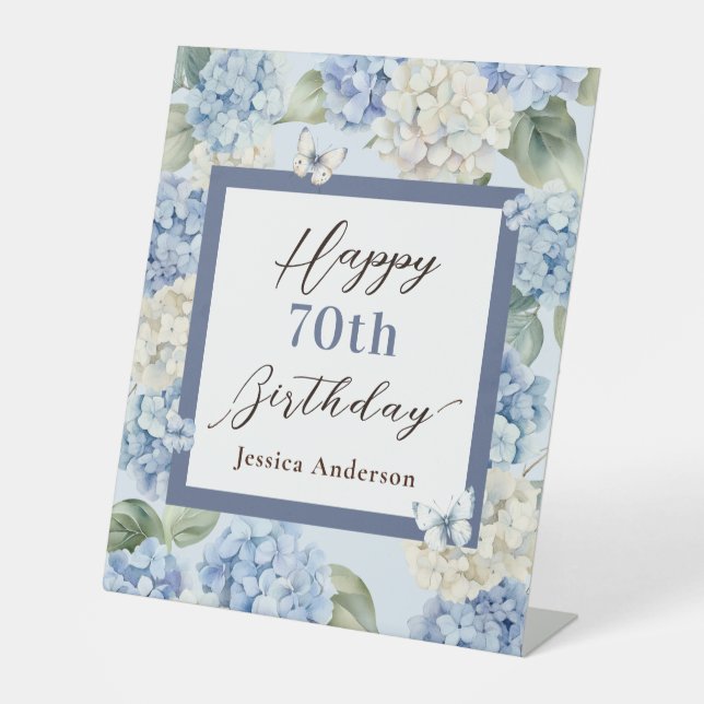 Signe De Table Invitation Anniversaire 70 Ans Hydrangea Bleu Aqua (Recto)