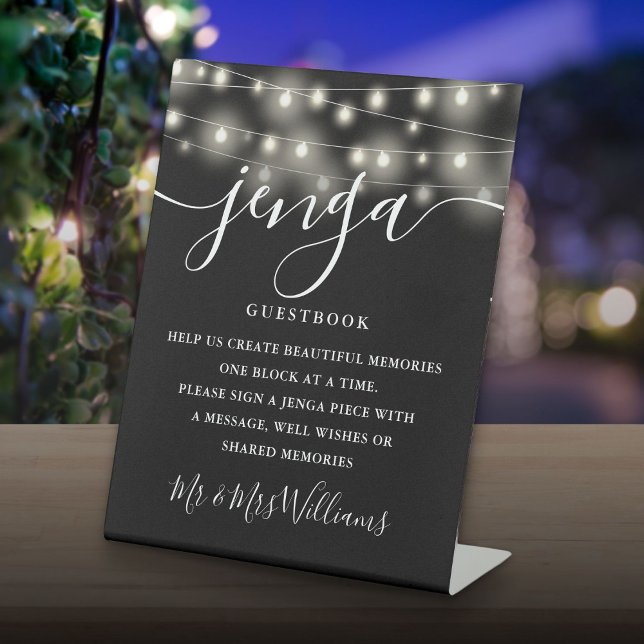 Signe De Table Jenga Mariage livre d'or Chaîne Lumières noir blan (Jenga Wedding Guestbook String Lights Black White Pedestal Sign)