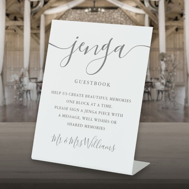 Signe De Table Jenga Mariage Livre d'or Élégant Gris Script (Jenga Wedding Guestbook Elegant Gray Script Pedestal Sign)