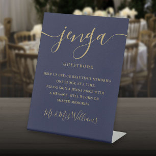 Signe De Table Jenga Mariage Livre d'or Script Marine Bleu Et Or