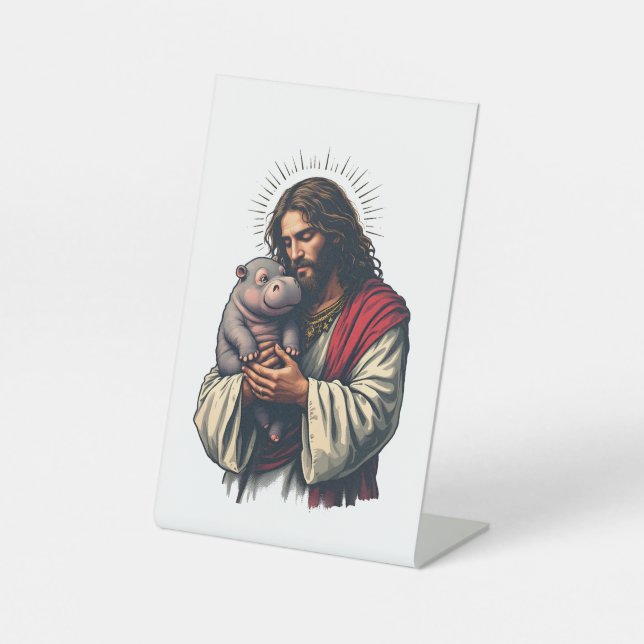 Signe De Table Jésus tenant un bébé Moo Deng Hippo (Recto)