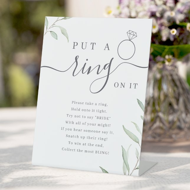 Signe De Table Jeu de baby shower : la mariée met une bague dessu (Greenery put a ring on it bridal shower game pedestal sign)