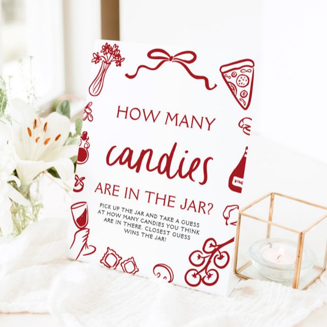 Signe De Table Jeu de devinette de bonbons de mariage italien rou (Red Italian Guess How Many Candies Bridal Shower Sign)