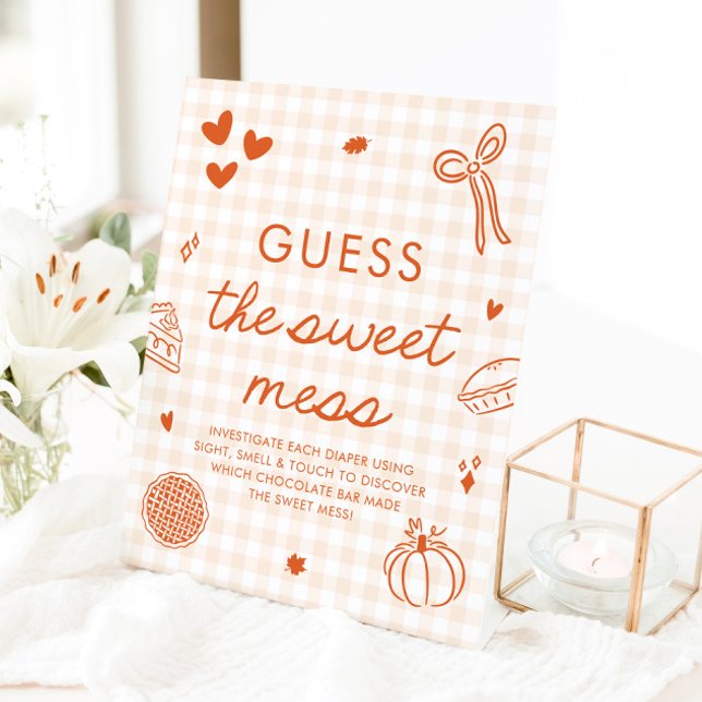 Signe De Table Jeu de devinette de la douce pagaille de Cutie Pie (Fall Gingham Cutie Pie Guess the Sweet Mess Game Sign)