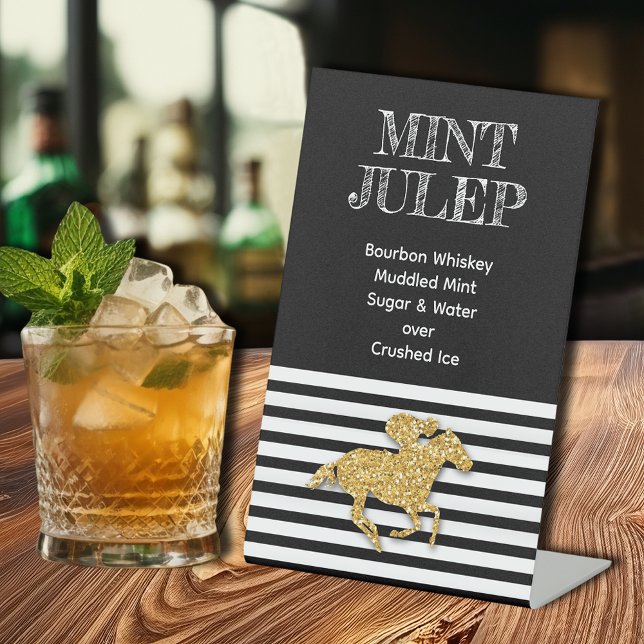 Signe De Table Jeu de menthe de cheval de course d'or (Gold racehorse on black and white stripes mint julep pedestal sign)