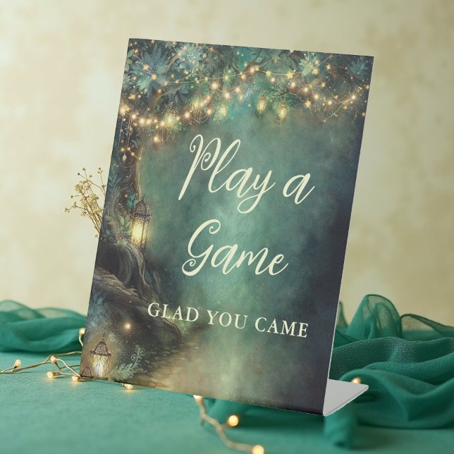 Signe De Table Jeux de Baby Shower Lanternes Forêt Enchantée  (games and activities table pedestal sign enchanted forest baby shower emerald green gold woodland)