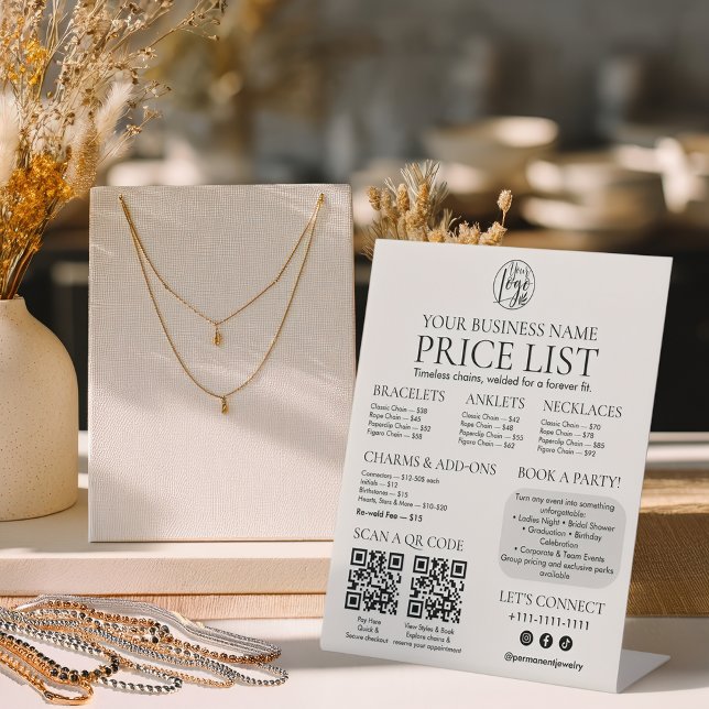 Signe De Table Joaillerie permanente Afficher le tarif Code QR Me (Permanent Jewelry Display Price List QR code Menu Pedestal Sign)