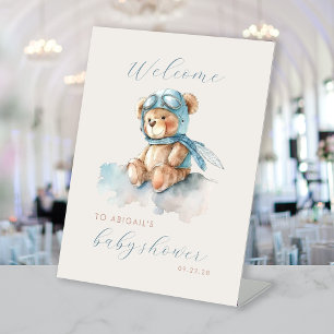 Signe De Table Jolie Ours Aviateur Bleu Garçons Baby Shower Bienv