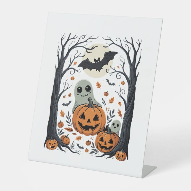 Signe De Table Jolis fantômes d'Halloween et forêt de citrouilles (Recto)