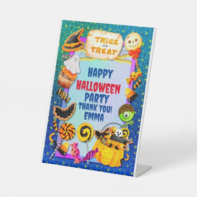 Signe De Table Joyeuse fête d'Halloween remplie de ruse-ou-gâteau (Recto)