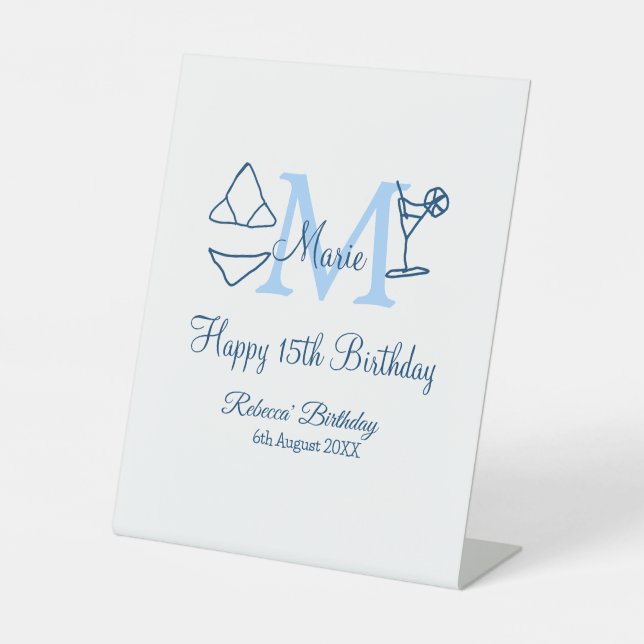 Signe De Table Joyeux 15e anniversaire bleu ajouter nom monogramm (Recto)