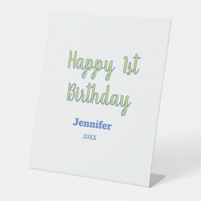 Signe De Table Joyeux 1er anniversaire enfants bébé vert bleu pas (Recto)