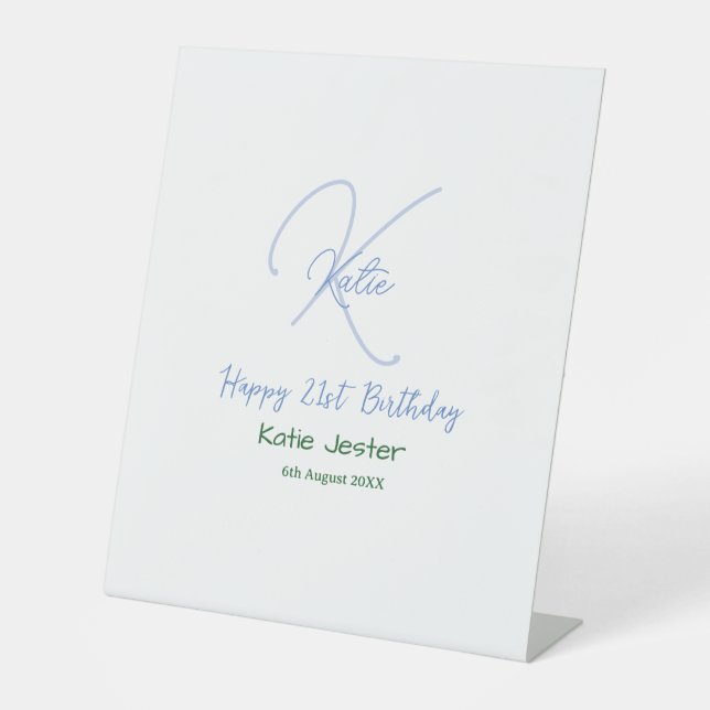 Signe De Table Joyeux 21e anniversaire bleu ajouter un monogramme (Recto)
