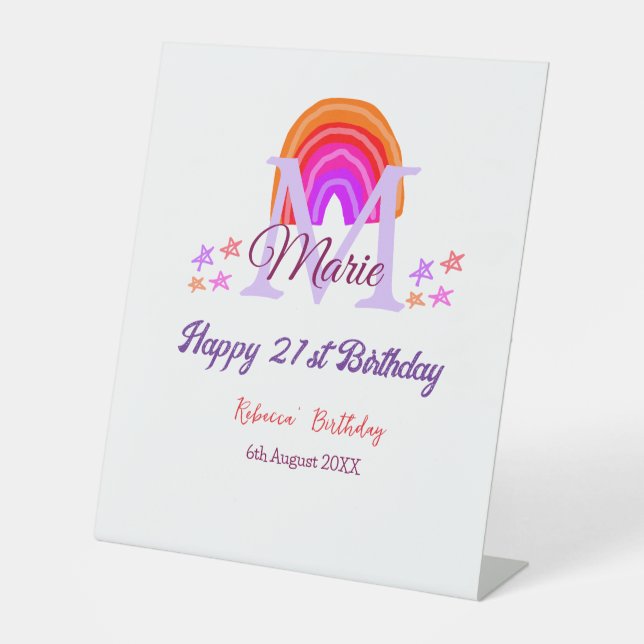 Signe De Table Joyeux 21e anniversaire rose ajouter nom monogramm (Recto)