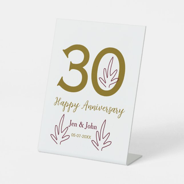 Signe De Table Joyeux 30e anniversaire nom date feuille rouge dor (Recto)