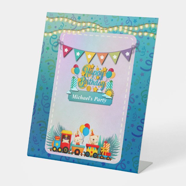 Signe De Table Joyeux Anniversaire Train Avec Vœux D'animaux Mign (Recto)