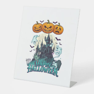 Signe De Table Joyeux Halloween Château Hanté Citrouilles Fantôme
