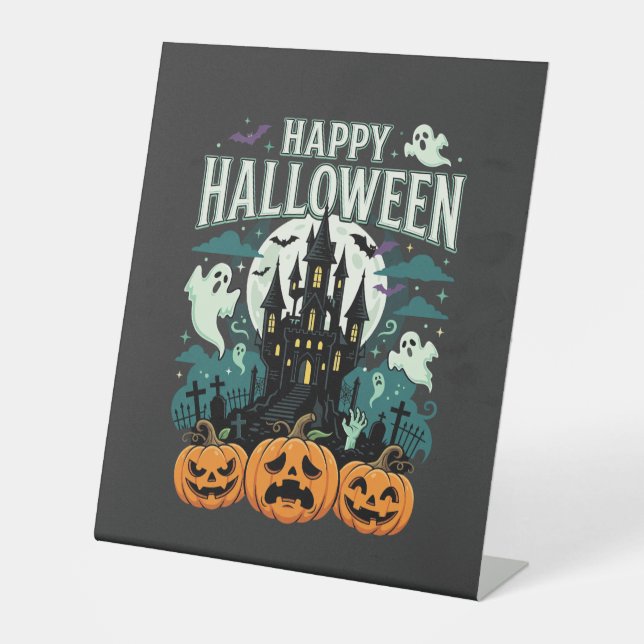 Signe De Table Joyeux Halloween Château Hanté Fantômes et Citroui (Recto)