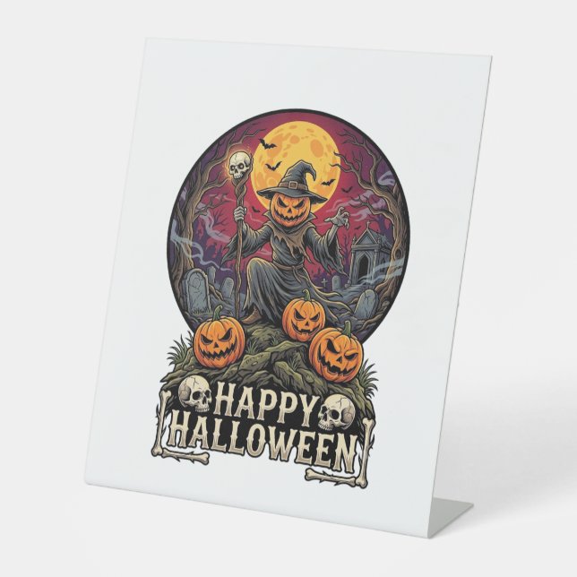 Signe De Table Joyeux Halloween Citrouille Magicien Cimetière Ple (Recto)