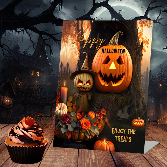Signe De Table Joyeux Halloween Fun Traitements (Halloween party table sign featuring witch pumpkins with candles and flowers - offer sweet treats)