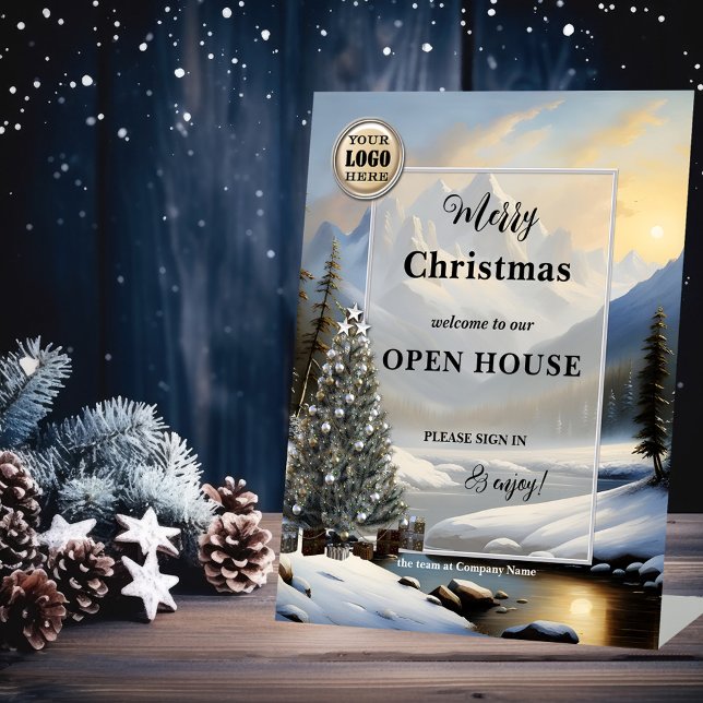 Signe De Table Joyeux Noël Logo Open House (Business tabletop sign Christmas Open House template featuring a winter landscape with tree and logo)