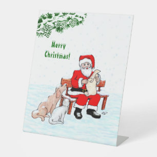 Signe De Table Joyeux Noël! Père Noël avec chat et chien