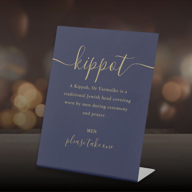 Signe De Table Kippot bleu marine et Mariage juif or Yarmulke (Navy Blue And Gold Jewish Wedding Kippot Yarmulke Pedestal Sign)
