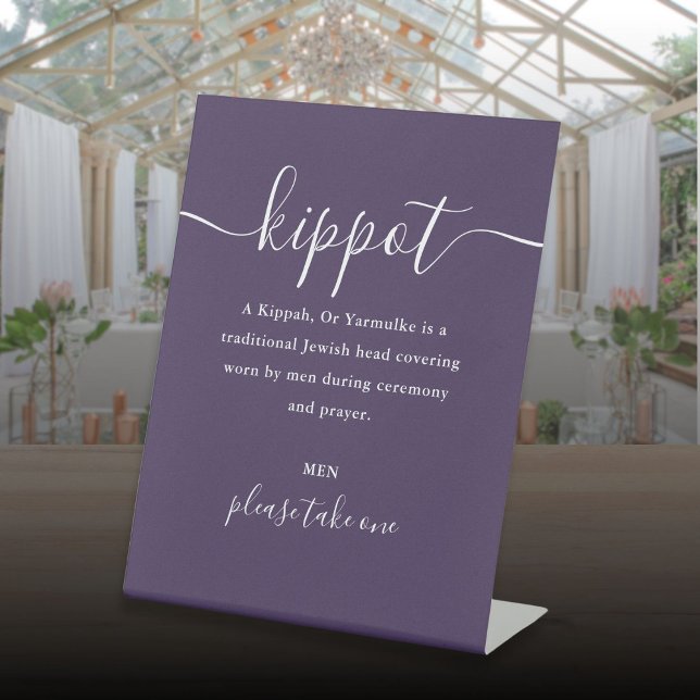 Signe De Table Kippot Mariage juif violet Script Yarmulke (Purple Jewish Wedding Kippot Script Yarmulke Pedestal Sign)