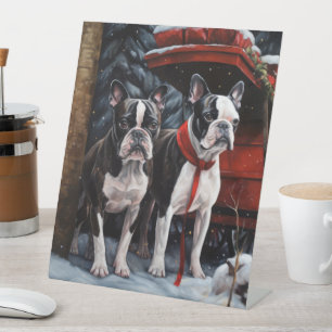 Signe De Table L Terrier de Boston enneigé Luge Décor de Noël