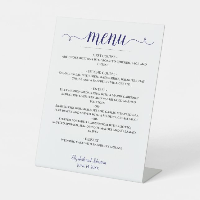 Signe De Table Lacy Calligraphy Marine Blue & White Mariage Menu (Recto)