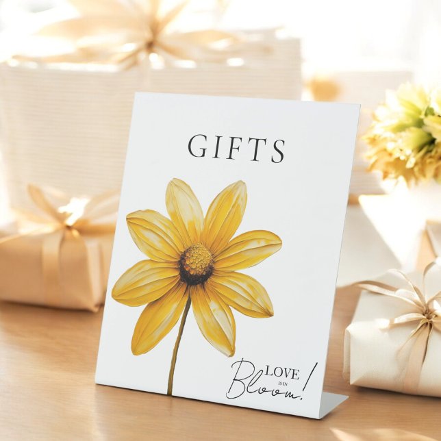 Signe De Table L'amour est en fleur une douche nuptiale fleurie m (beatiful love is in bloom bridal shower tavle sign with a yellow flower, modern elegance)