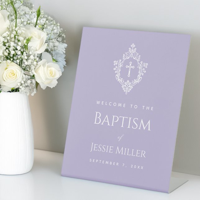 Signe De Table Lavender Baptism Welcome Cross in Crest Elegant  (Créateur téléchargé)