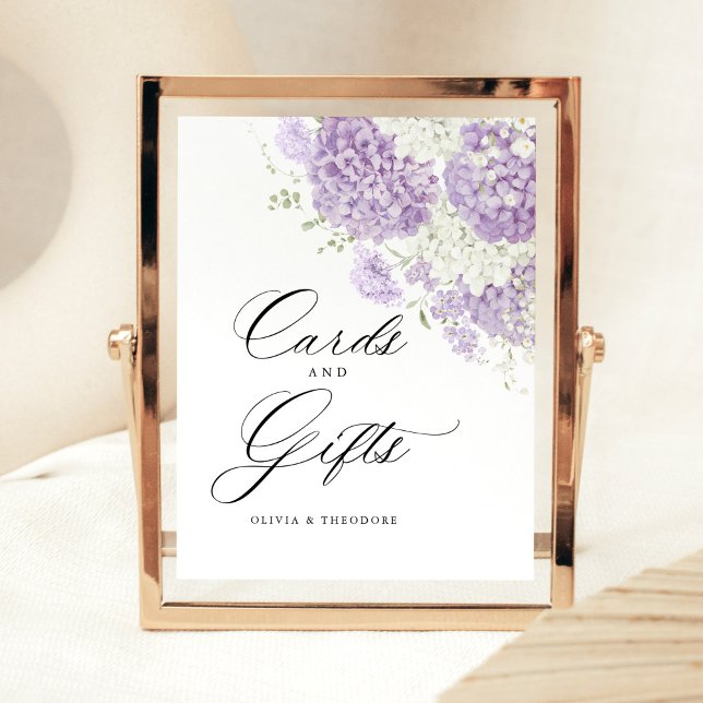 Signe De Table Lavender Lilac White Floral Cards & Gifts Wedding (Lavender lilac white hydrangea floral cards and gifts wedding sign with elegant script, watercolor)