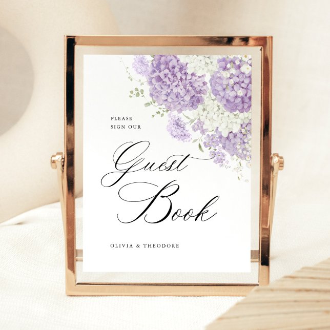Signe De Table Lavender Lilac White Floral Guest Book Wedding (Lavender lilac white hydrangea guest book sign wedding signage with elegant script, watercolor)
