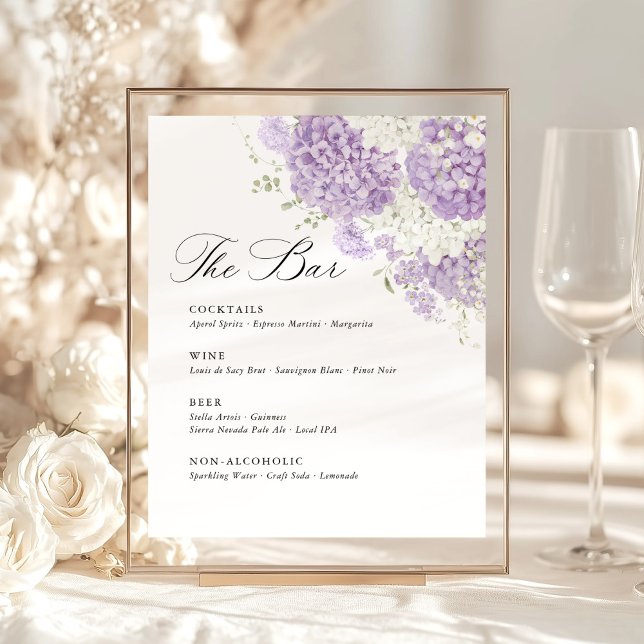 Signe De Table Lavender Lilac White Floral Wedding Bar Menu (Lavender lilac white hydrangea wedding bar sign with elegant calligraphy, purple floral bar menu)