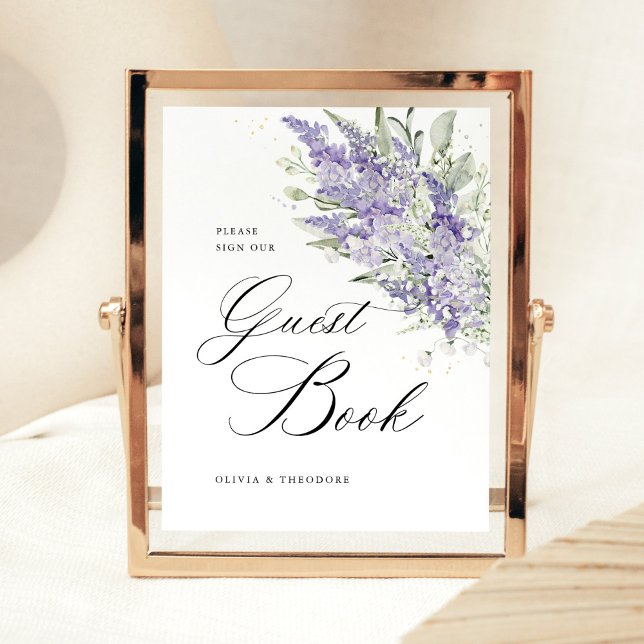 Signe De Table Lavender Sage Green Floral Guest Book Wedding (Lavender floral guest book wedding table sign with sage green foliage, elegant script typography)