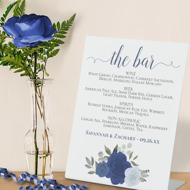 Signe De Table Le Bar - Blue Boho Roses Boissons Menu Mariage (Créateur téléchargé)