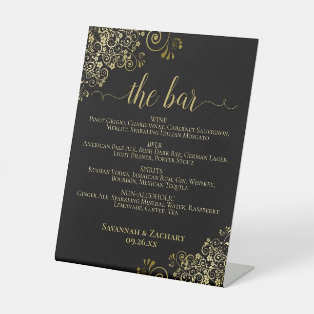 Signe De Table Le Bar - Elegant Gold & Black Boissons Menu Mariag (Recto)