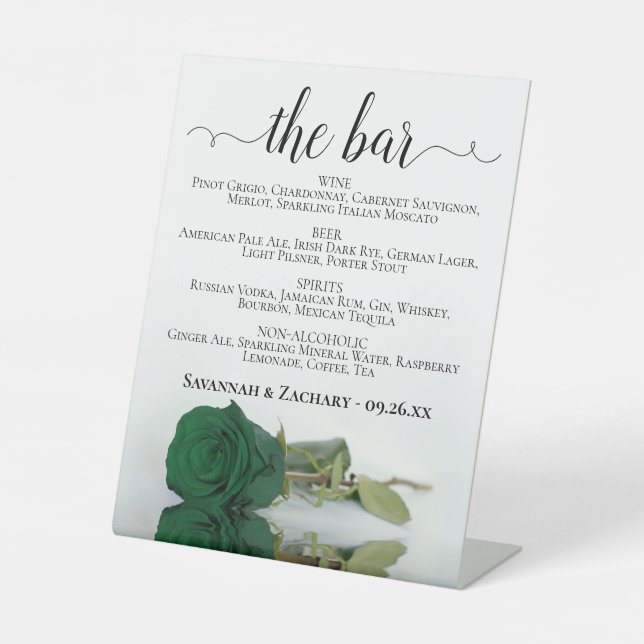 Signe De Table Le Bar - Emerald Green Rose Boissons Menu Mariage (Recto)