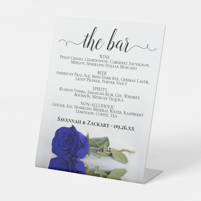 Signe De Table Le Bar - Royal Blue Rose Boissons Menu Mariage (Recto)
