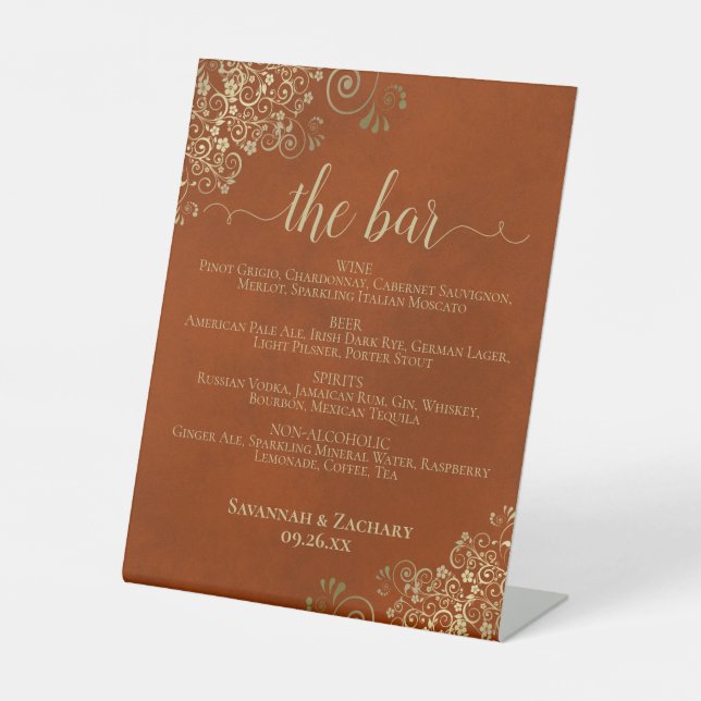 Signe De Table Le Bar - Rust Orange & Gold Boissons Menu Mariage (Recto)