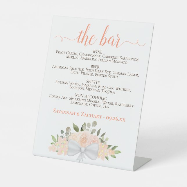 Signe De Table Le Bar - Rustic Peach Floral Boissons Menu Mariage (Recto)