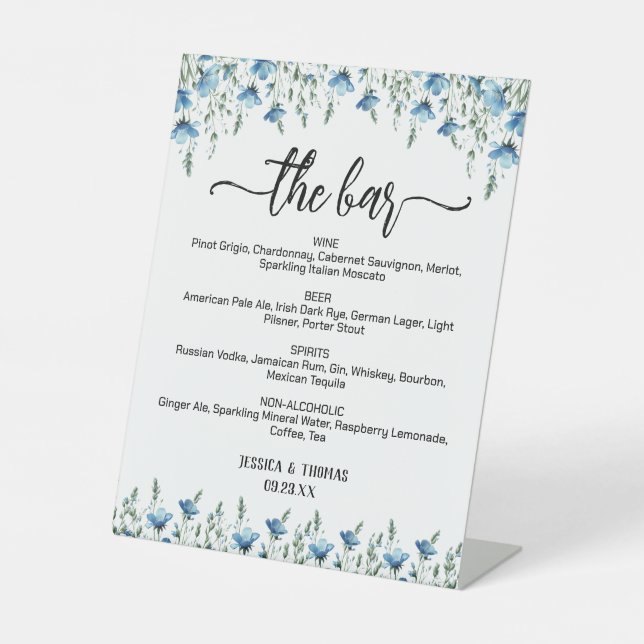 Signe De Table Le Menu des Boissons de Mariage Bar Blue Boho Wild (Recto)