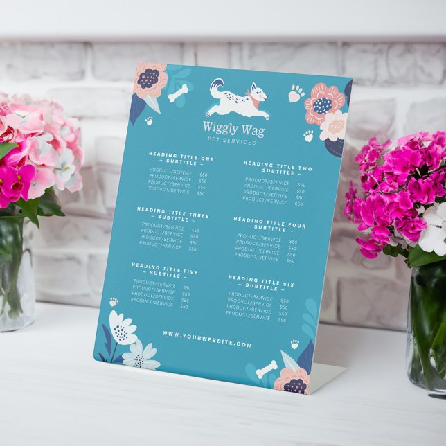 Signe De Table Leaping Chien Floral Botanical Blue Animaux Prix (Leaping Dog Floral Botanical Blue Pet Care Prices Pedestal Sign)