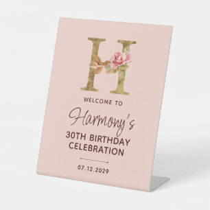 Signe De Table Lettre H Monogramme Or Roses Rose Pâle Enseigne