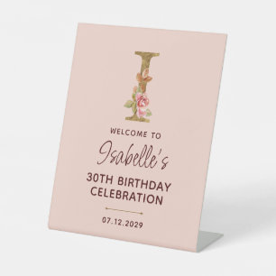 Signe De Table Lettre I Monogramme Or Roses Rose Pâle Enseigne