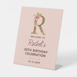 Signe De Table Lettre R Monogramme Or Roses Rose Pâle Enseigne