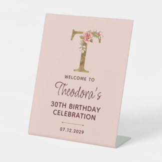 Signe De Table Lettre T Monogramme Or Roses Rose Pâle Enseigne